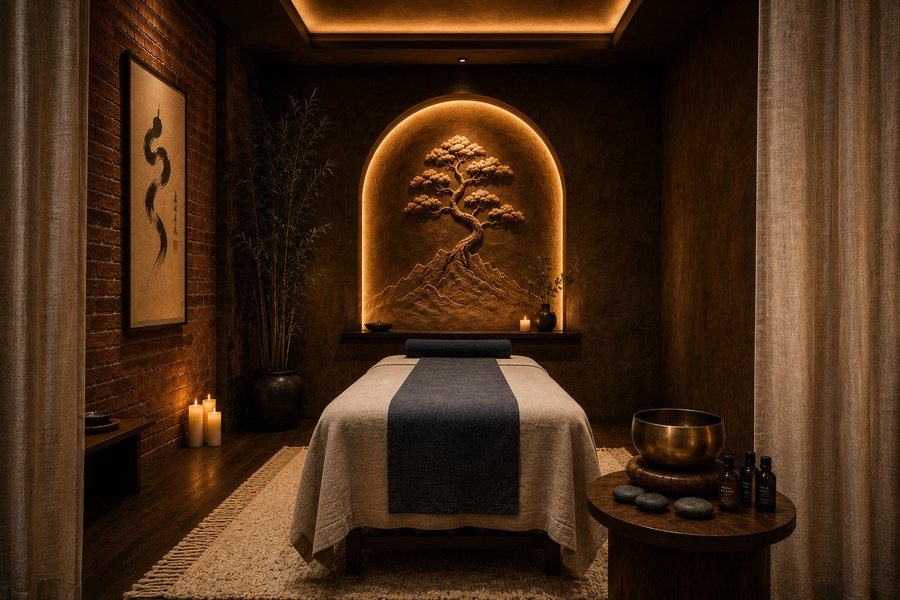 The Perform Room: a treatment room set up with hot stones and oils for integrative bodywork.
