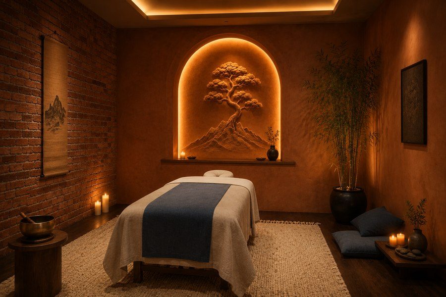 The Recover Room: a calm, dimly lit treatment room with a massage table and a singing bowl for sound therapy.