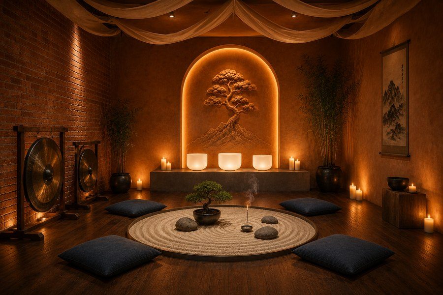The Stillness Room: a meditation space with singing bowls, gongs, floor cushions, and a sand garden.